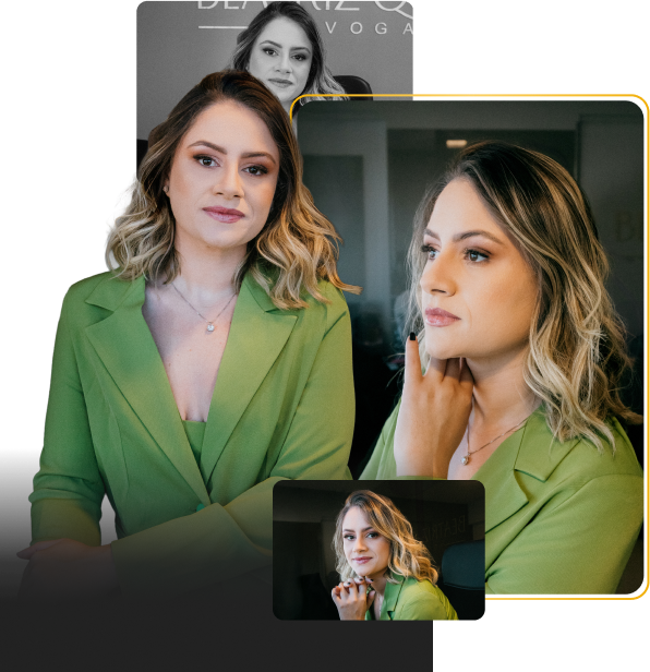 Montagem com retratos profissionais da Dra. Beatriz Quirol